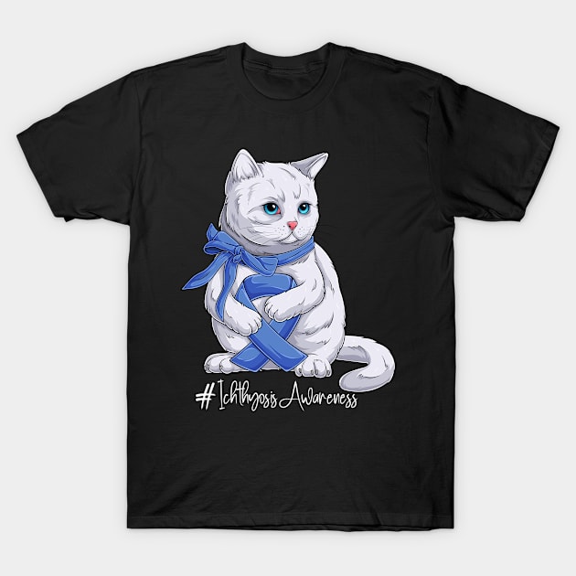 Cute Cat Ichthyosis Awareness Month Blue Ribbon Survivor Survivor Gift Idea T-Shirt by Coolingburry